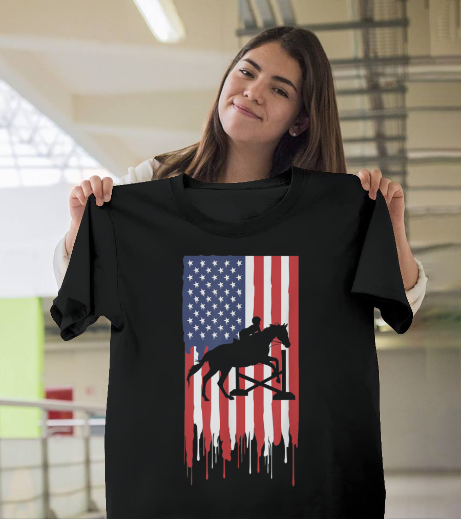 American Flag Horse Jumping Equestrian Silhouette T-Shirt