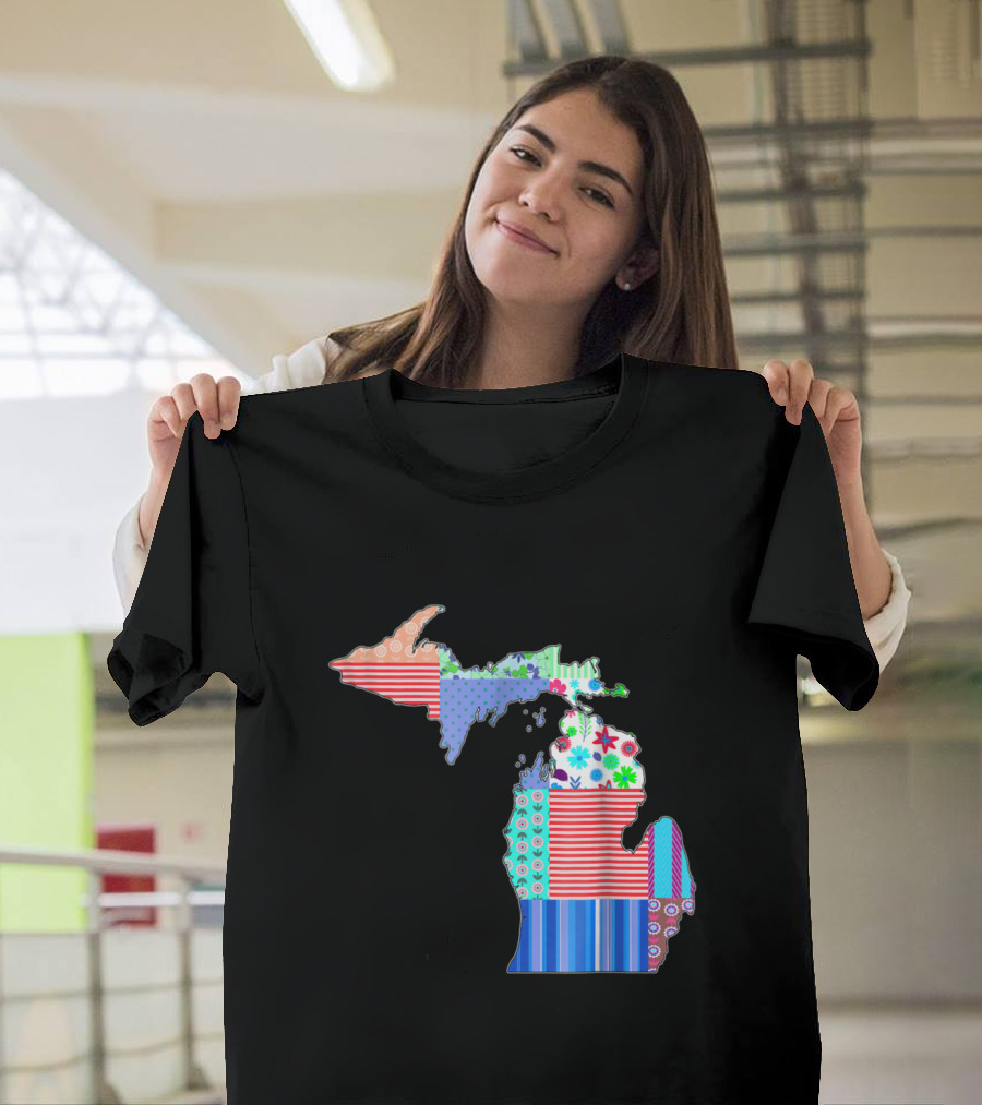 Michigan Patchwork Quilting Design with State Shape and Colorful T-Shirt