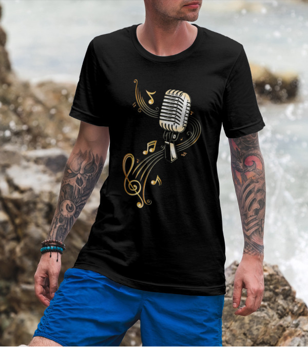 Vintage Microphone With Flowing Music Notes And Treble Clef T-Shirt