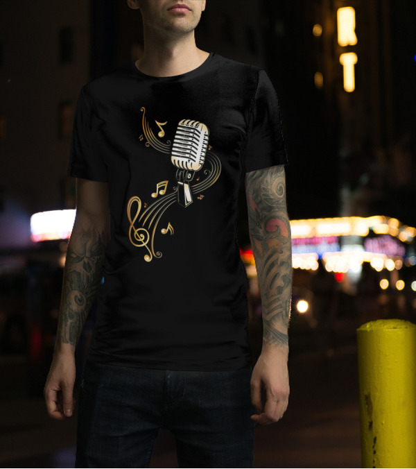 Vintage Microphone With Flowing Music Notes And Treble Clef T-Shirt