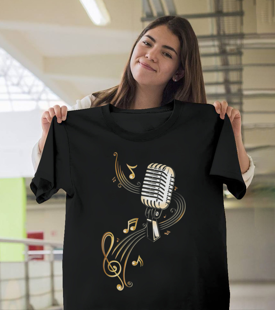 Vintage Microphone with Flowing Music Notes and Treble Clef T-Shirt