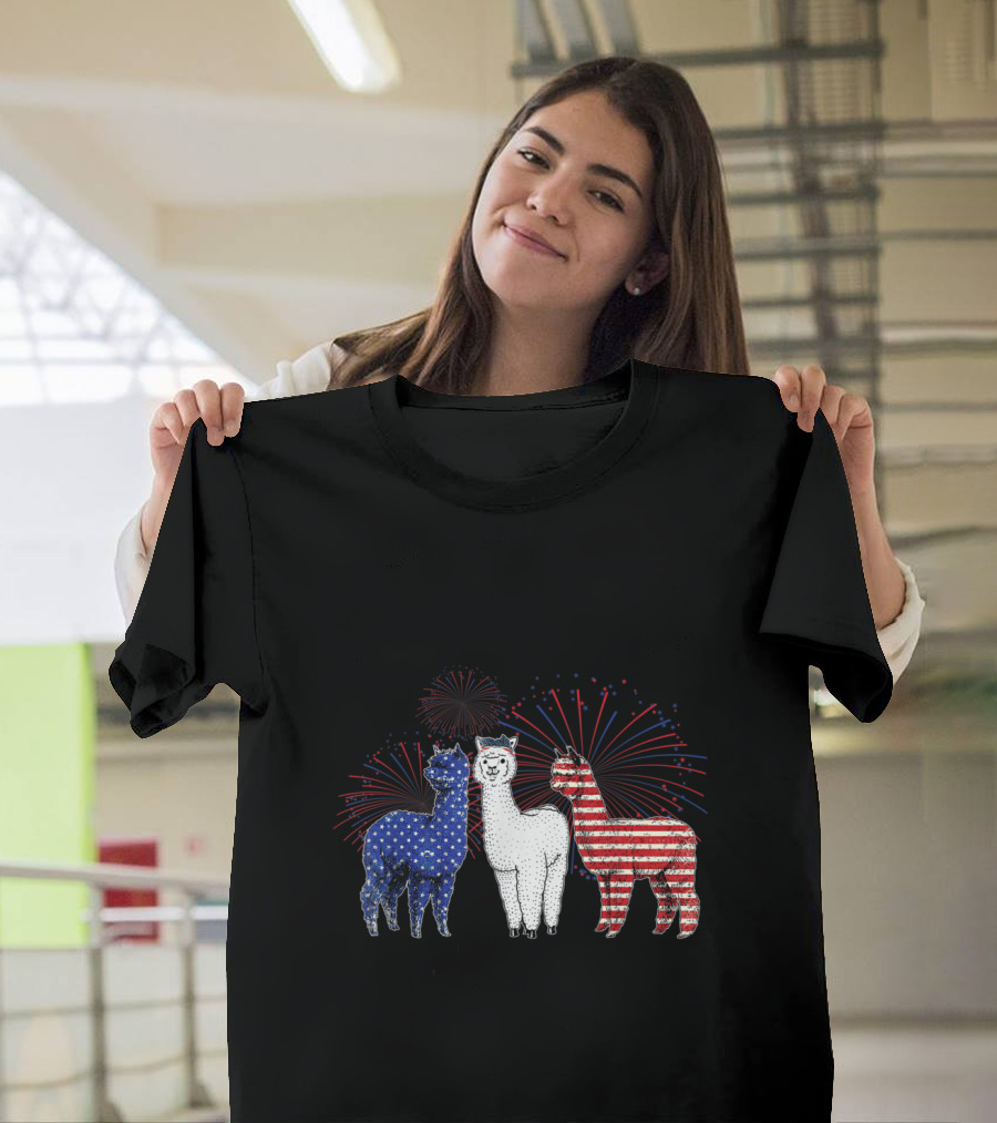 Patriotic Llama Trio with American Flag Stars and Stripes Fireworks Display T-Shirt