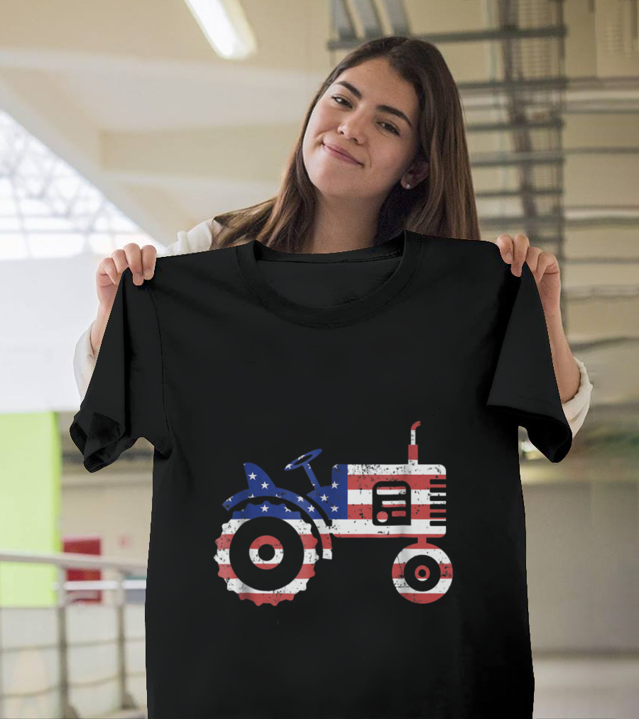 USA Flag Vintage Farm Tractor with Patriotic T-Shirt
