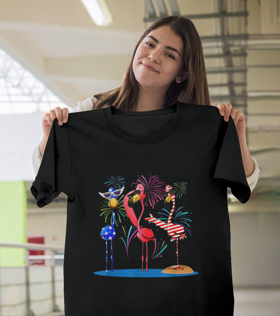 Patriotic Flamingo Trio with Fireworks and USA T-Shirt