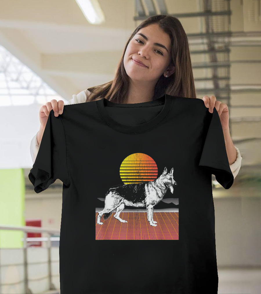 Retro German Shepherd Dog with Sunset and Grid T-Shirt