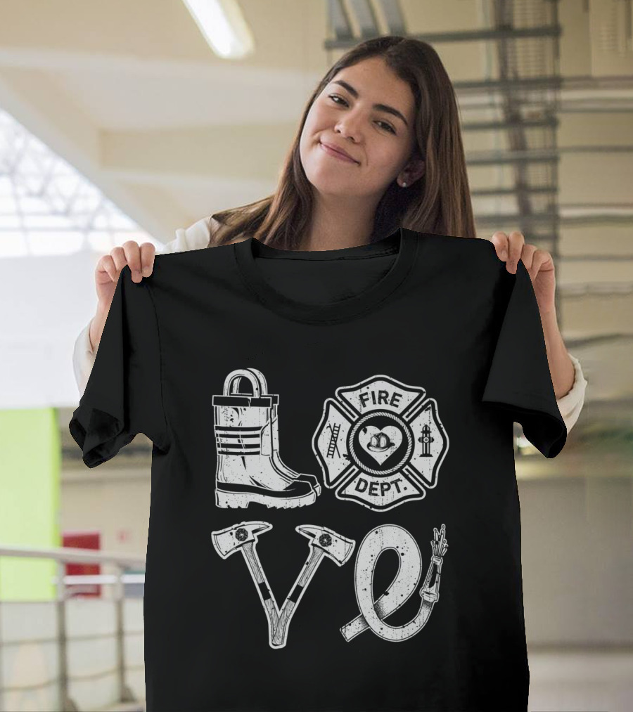 Love Firefighter Support Thin Red Fire Dept Boot Axes Hose T-Shirt