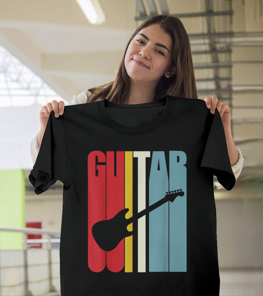 Retro Electric Guitar Silhouette with Vintage GUITAR Text T-Shirt