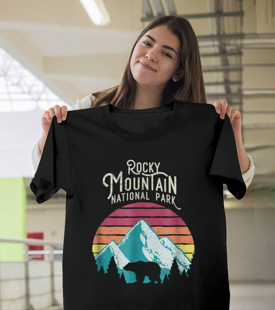 Retro Rocky Mountain National Park Bear Silhouette with Sunset Stripes T-Shirt
