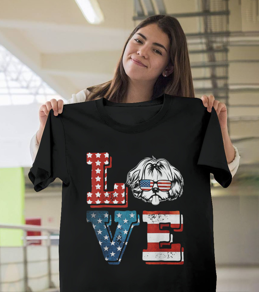 Love Shih Tzu in American Flag Sunglasses T-Shirt