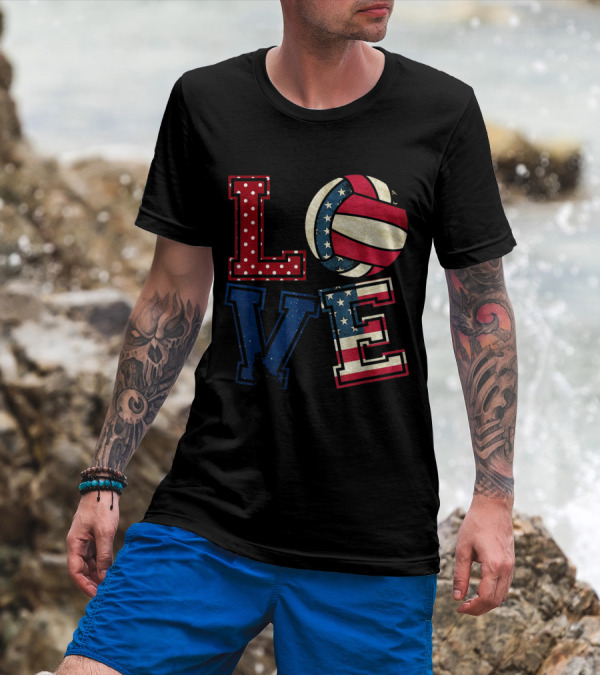 LOVE Volleyball USA Flag Patriotic American Volleyball Lover T-Shirt