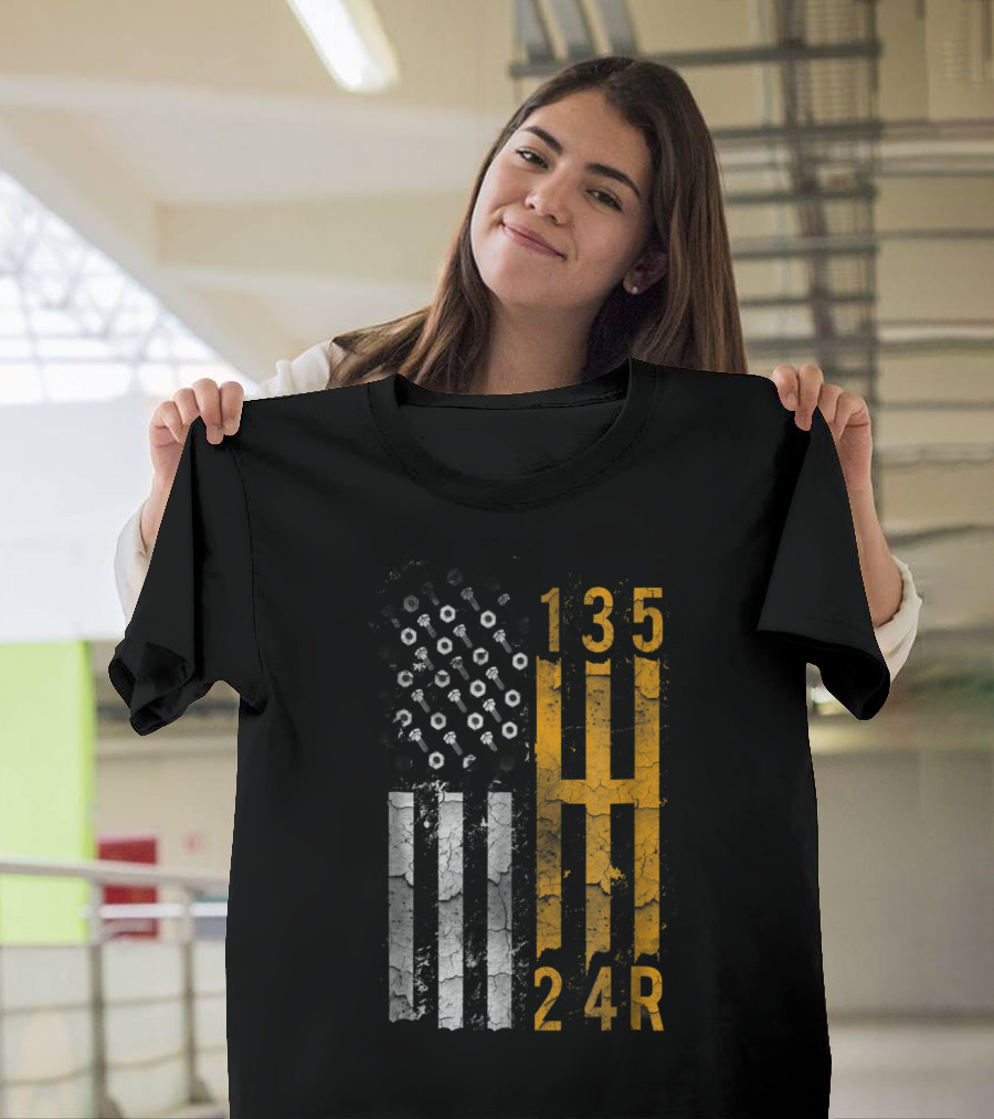 American Flag Pattern Gear Shift Muscle Car Enthusiast T-Shirt