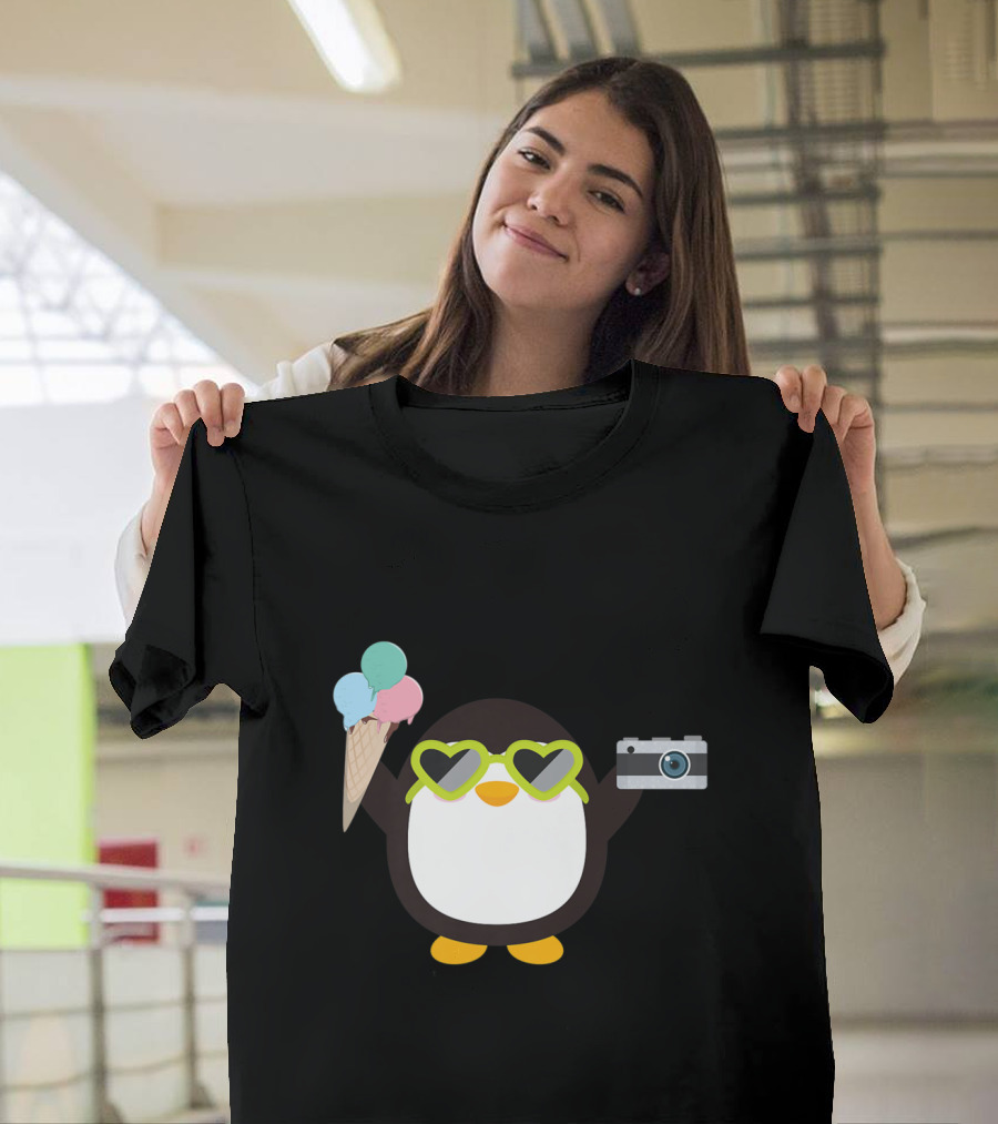 Penguin with Camera and Heart Glasses Holding Ice Cream Cone T-Shirt