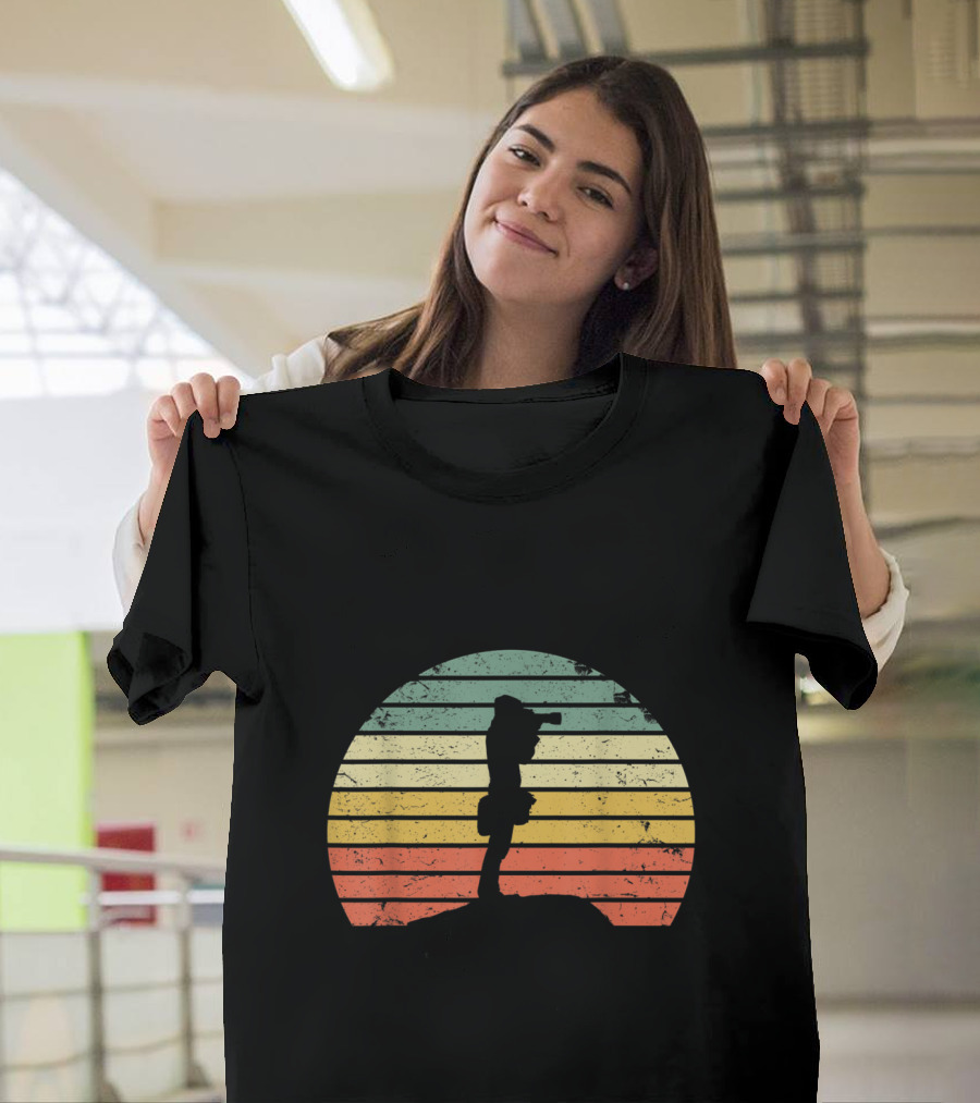 Photographer Vintage Style Silhouette on Colorful Sunset Stripes T-Shirt