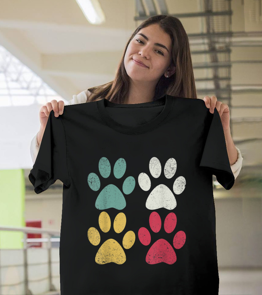 Retro Vintage Dog Cat Paw Lover Teal Yellow Red White Paws T-Shirt