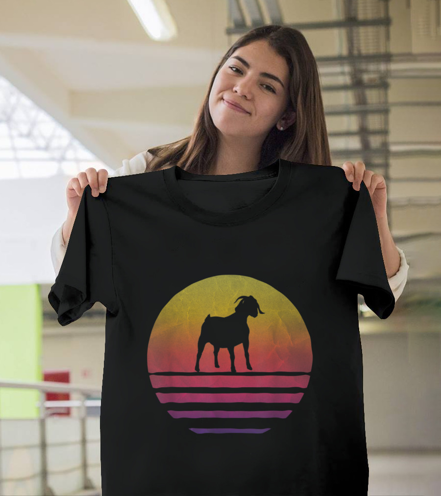 Retro Sunset Goat Silhouette Over Gradient Stripes T-Shirt