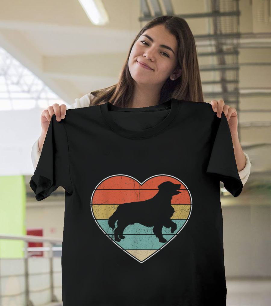 Retro Golden Retriever Heart Silhouette with Vintage Stripes T-Shirt