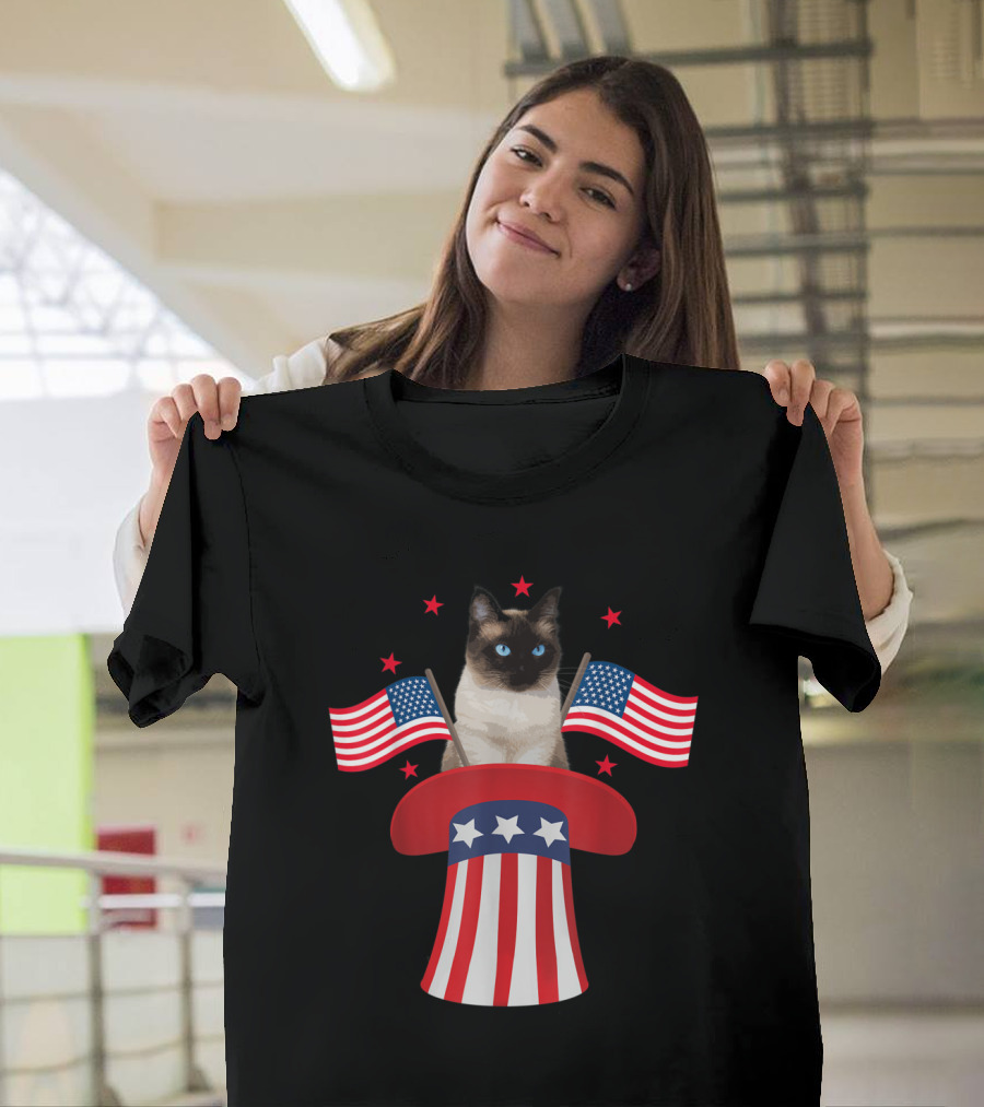 Siamese Cat in Magic Hat with American Flags Fourth of July T-Shirt