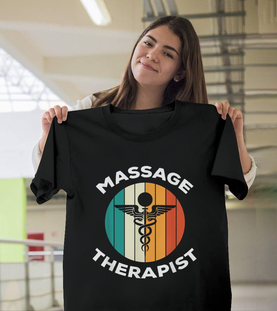 Retro Vintage Massage Therapist Caduceus Emblem with Multicolor Gradient Stripes T-Shirt