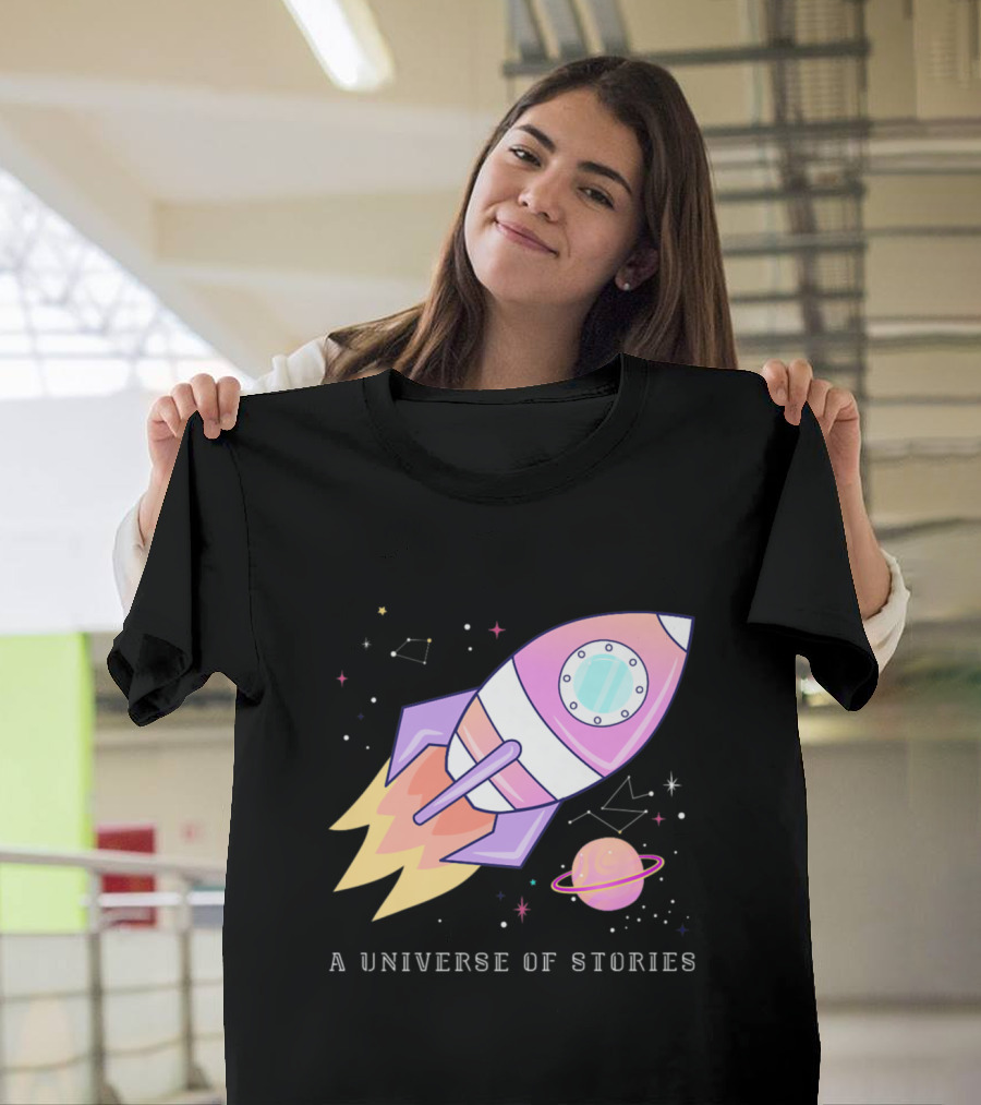 A Universe of Stories Summer Reading Funny Space Librarian Rocket Planet T-Shirt