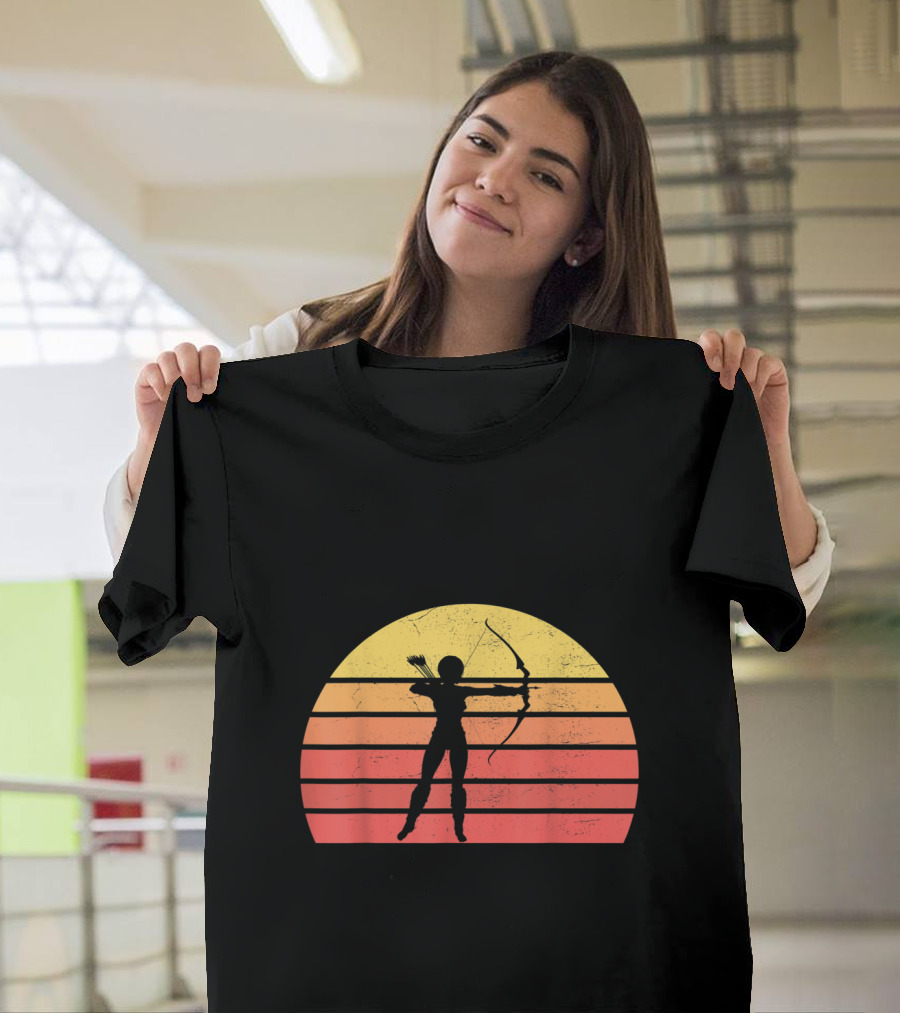 Vintage Archery Silhouette Against Retro Sunset - Funny Bow Hunter T-Shirt