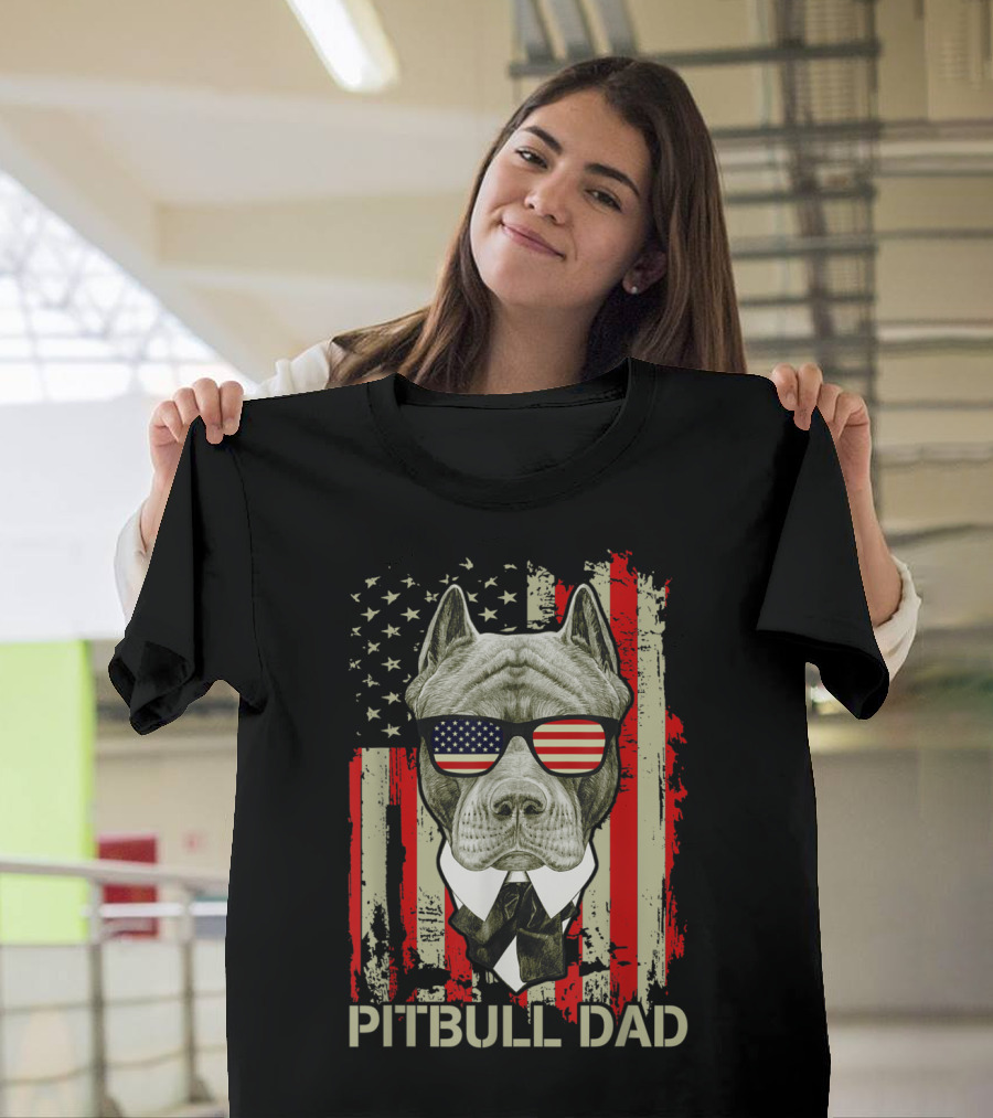 Pitbull Dad Patriotic American Flag Sunglasses Fourth of July T-Shirt