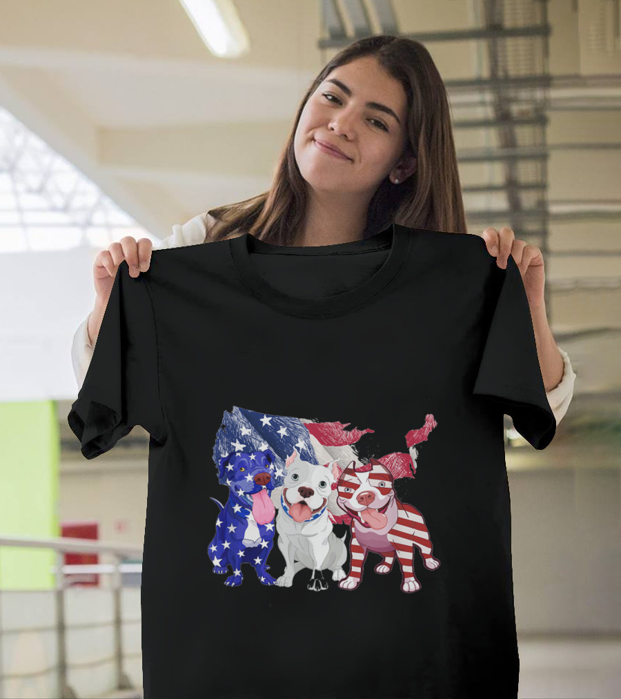 Pitbull Trio with American Flag Colors USA Map Background T-Shirt