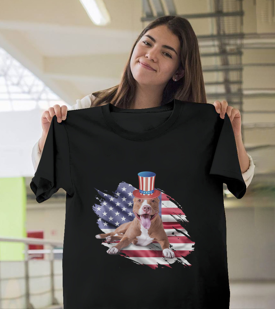 Pitbull with Uncle Sam Hat on American Flag Background 4th of July Merica T-Shirt
