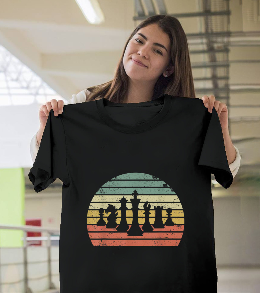 Vintage Chess Pieces with Retro Sunset Stripes T-Shirt