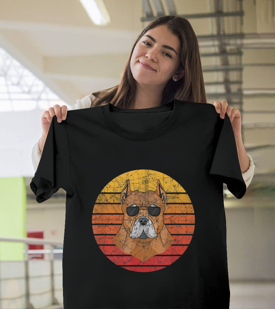 Pitbull Wearing Sunglasses Vintage Retro 80s 70s Circle T-Shirt