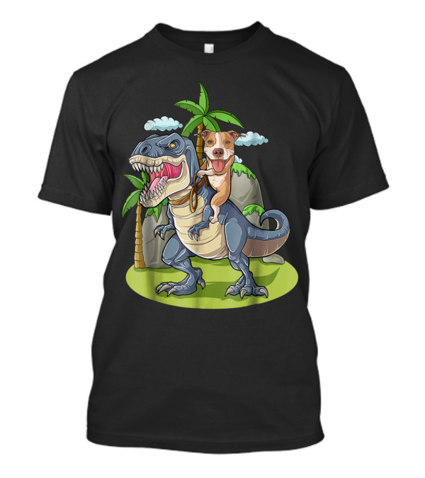 Pitbull Riding T-Rex Like A Boss With Palm Trees And Clouds T-Shirt