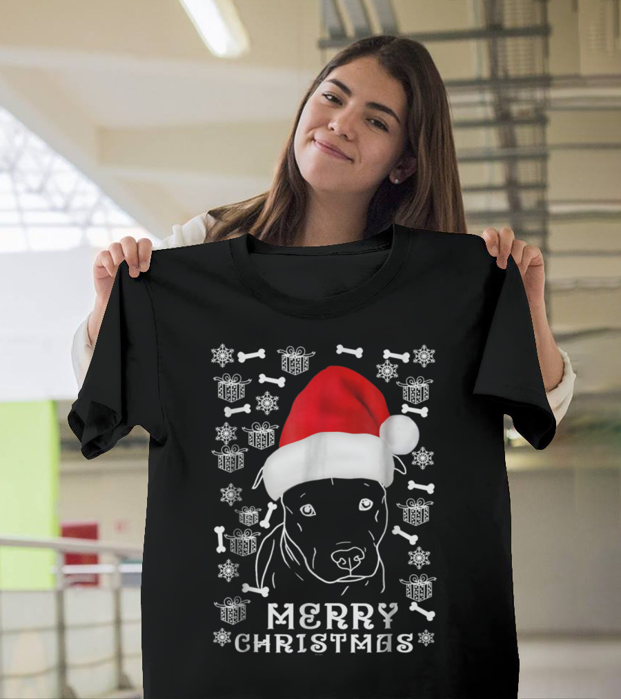 Merry Christmas Pitbull Santa Hat Snowflakes Gifts Bones T-Shirt