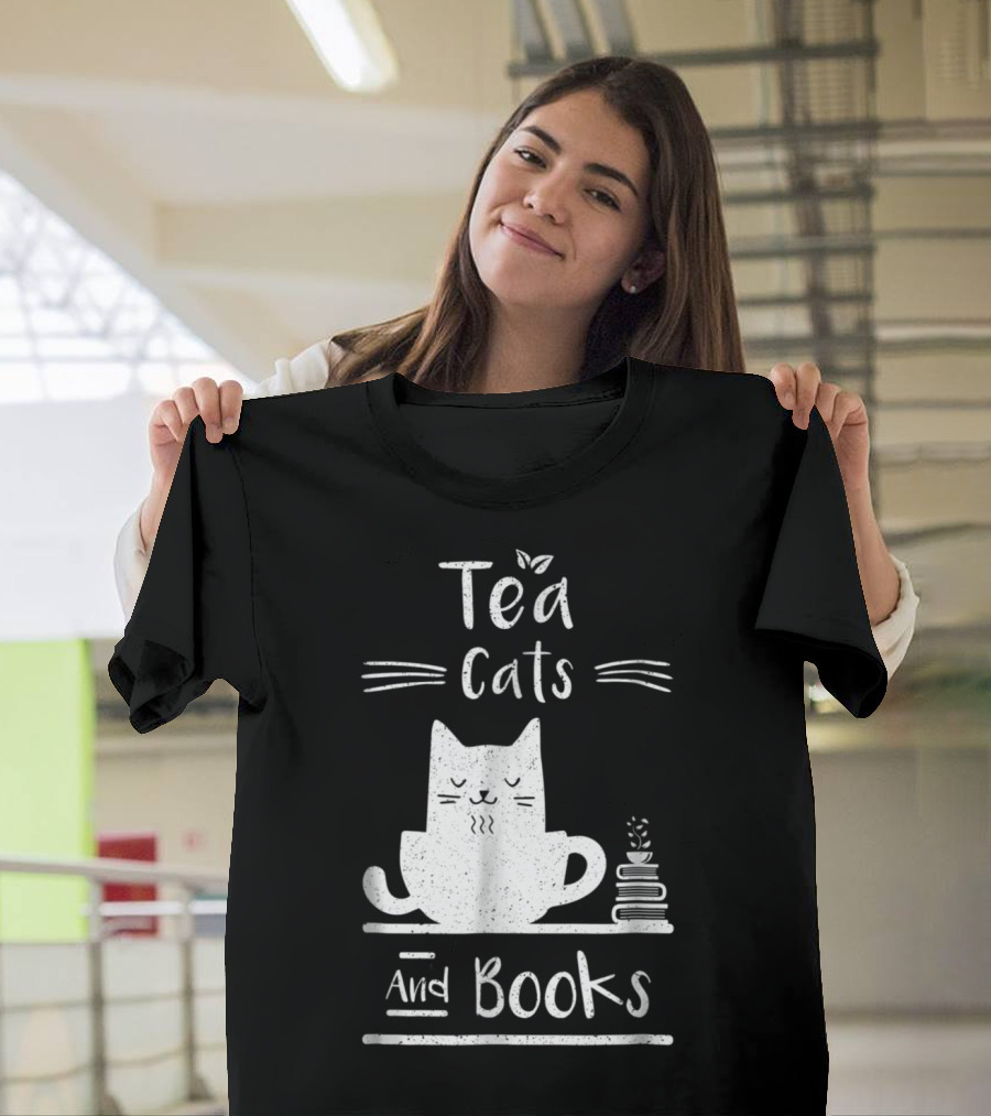 Calm and Cozy Tea Cats Relaxing with Stack of Books T-Shirt