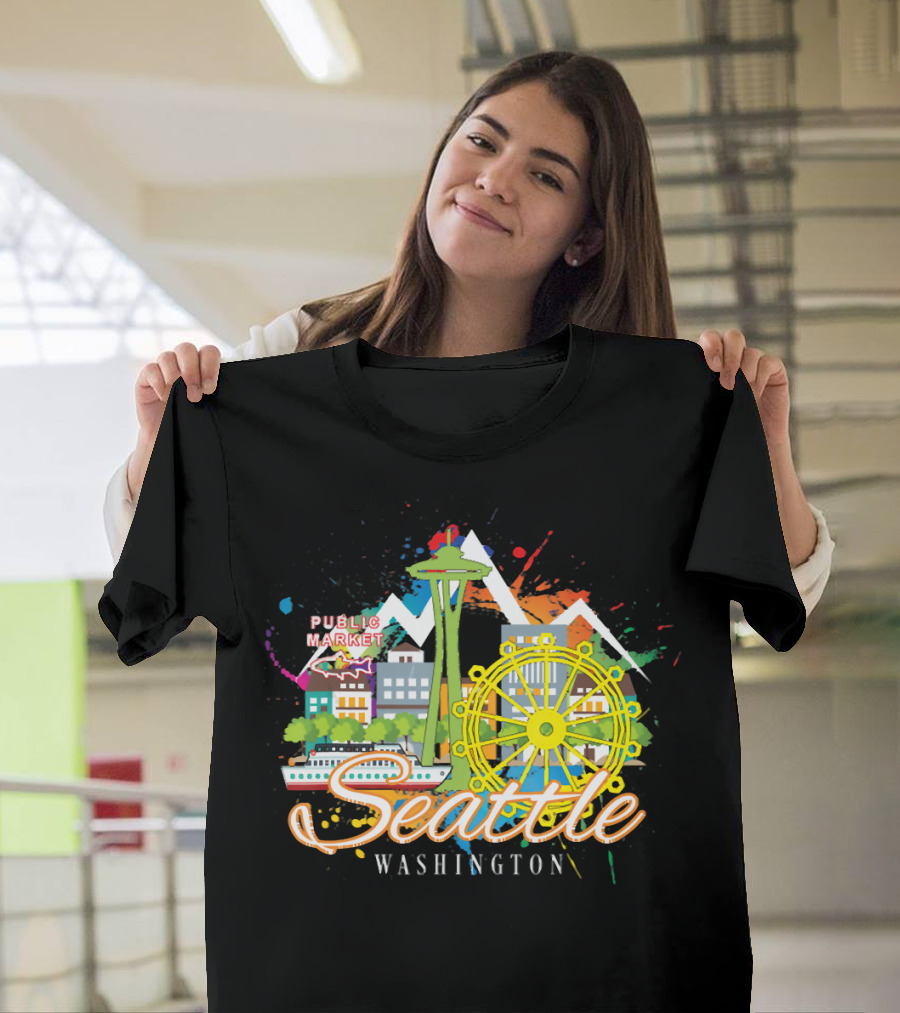 Seattle Washington Skyline Featuring Space Needle and Public Market T-Shirt