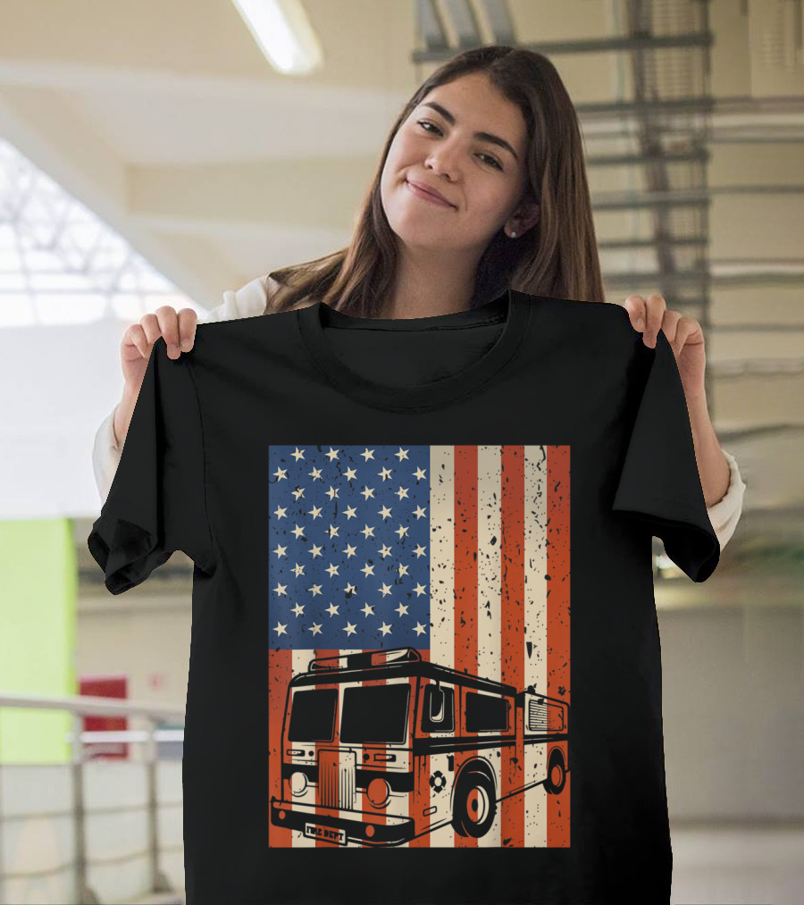 Mens 4th of July Firefighter American Flag Fire Truck T-Shirt