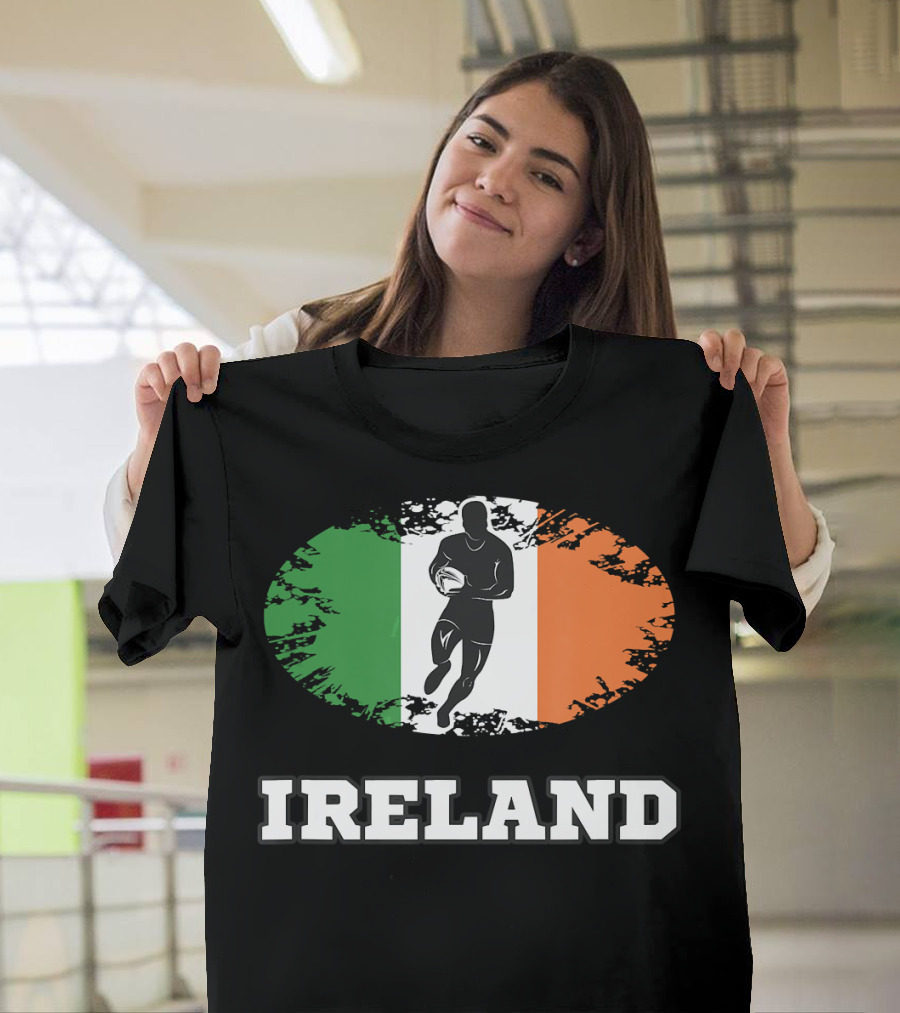 Ireland Rugby Silhouette with Irish Flag Background T-Shirt