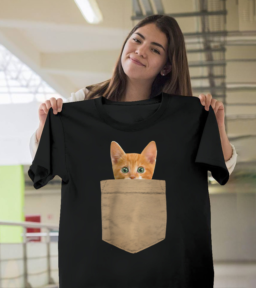 Orange Cat Kitty Peeking from Brown Pocket T-Shirt