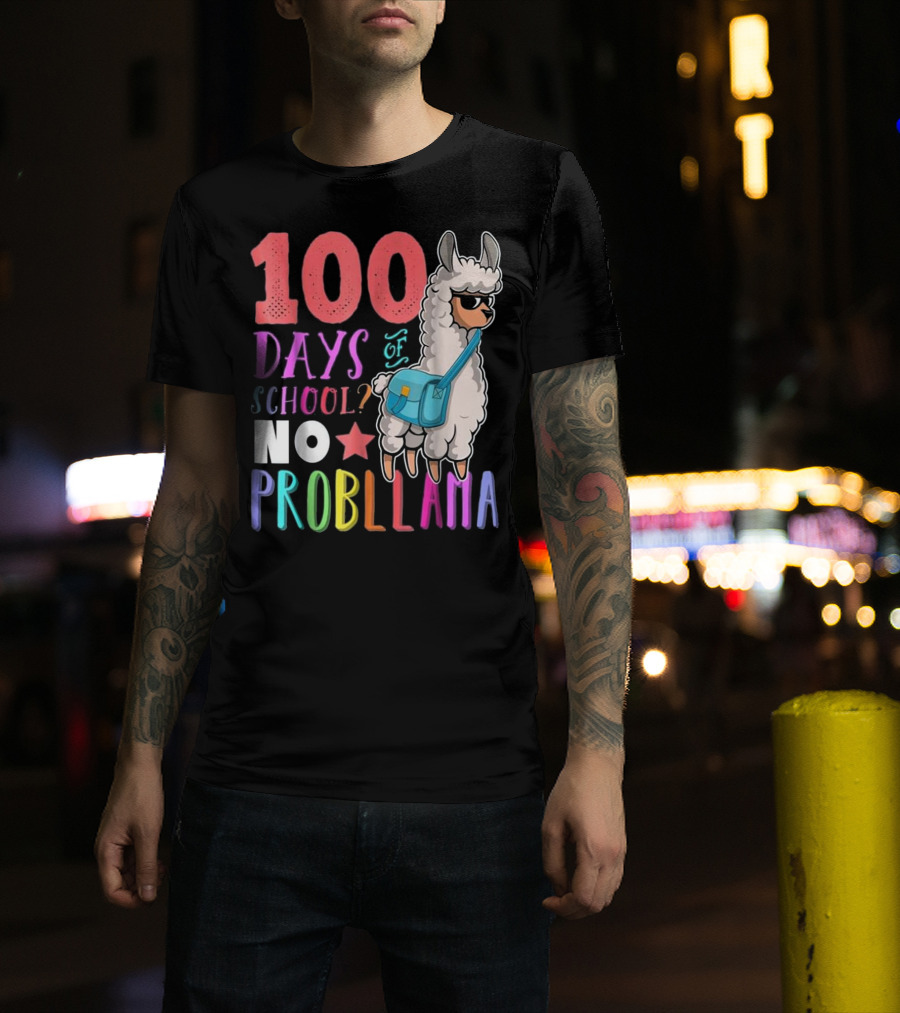 100 Days Of School No Probllama Llama With Colorful Star And Bag T-Shirt