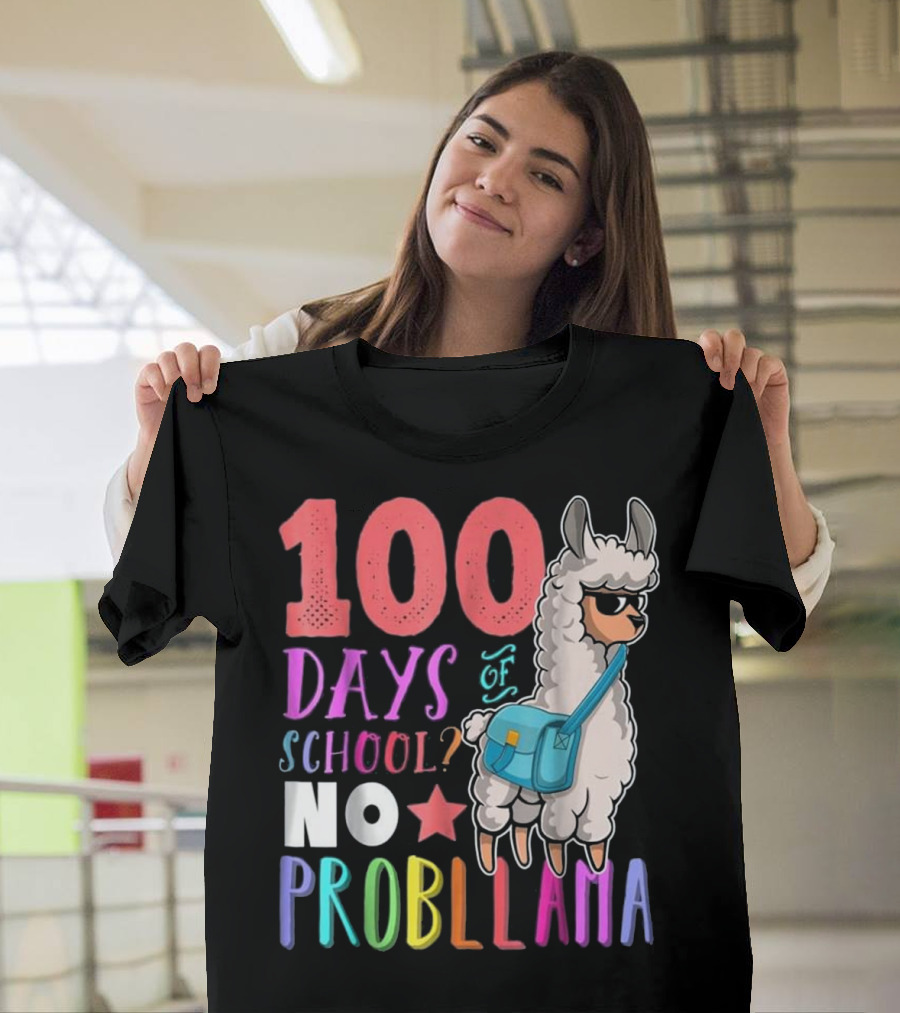 100 Days Of School No Probllama Llama With Colorful Star And Bag T-Shirt