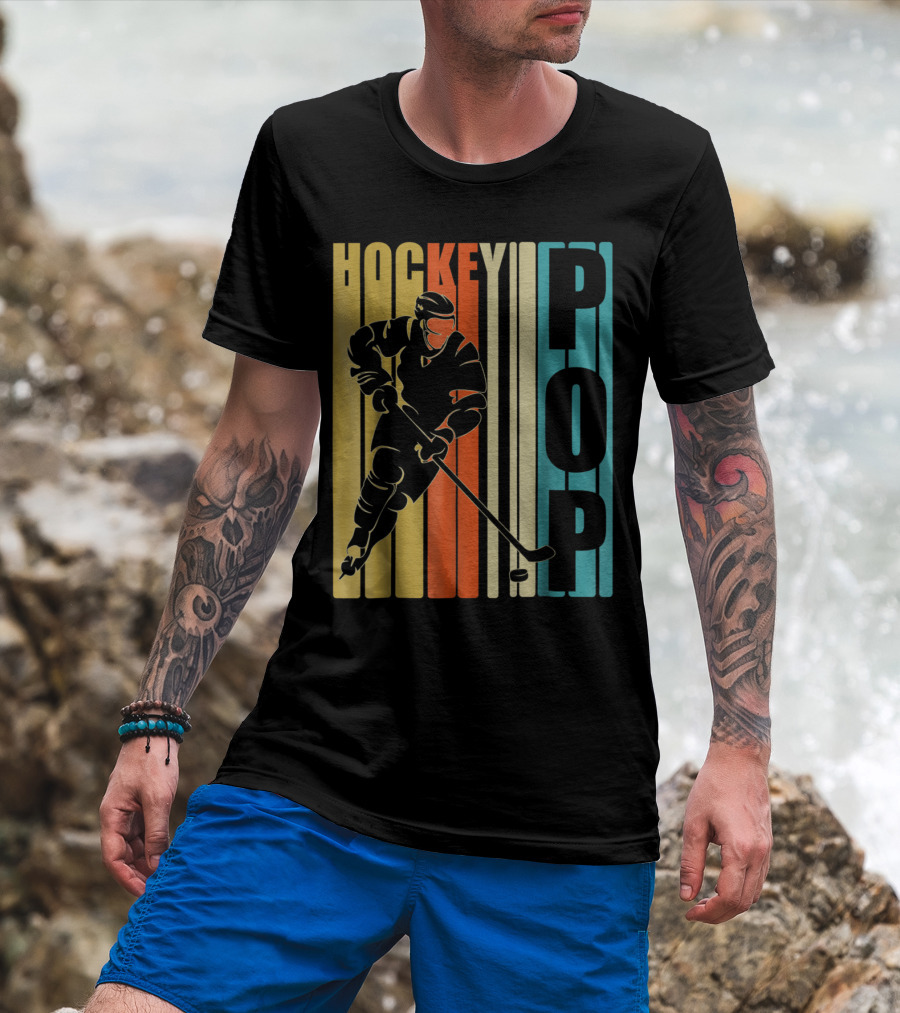 Retro Vintage Hockey Player Bold Stripes American Flag T-Shirt