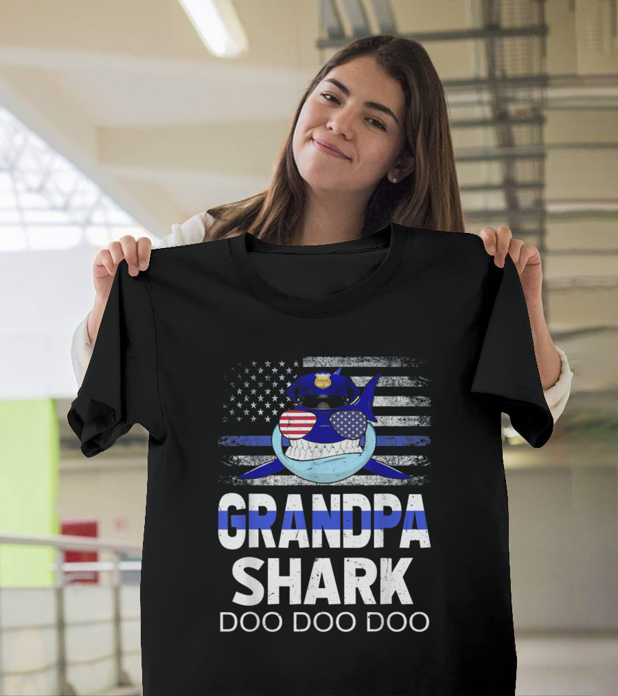 Grandpa Shark Doo Doo Doo Police Thin Blue Line American Flag T-Shirt