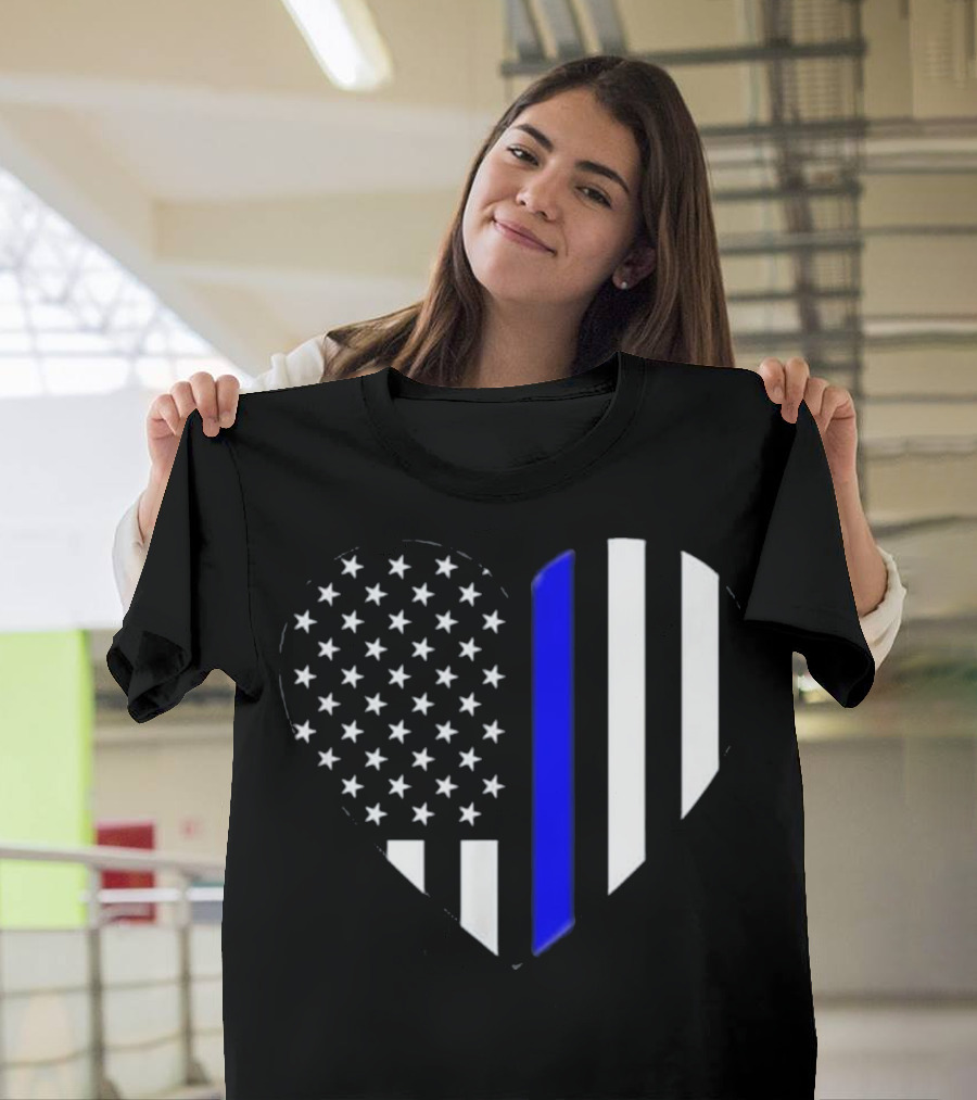 Thin Blue Line American Flag Heart Love Our Police Officer T-Shirt