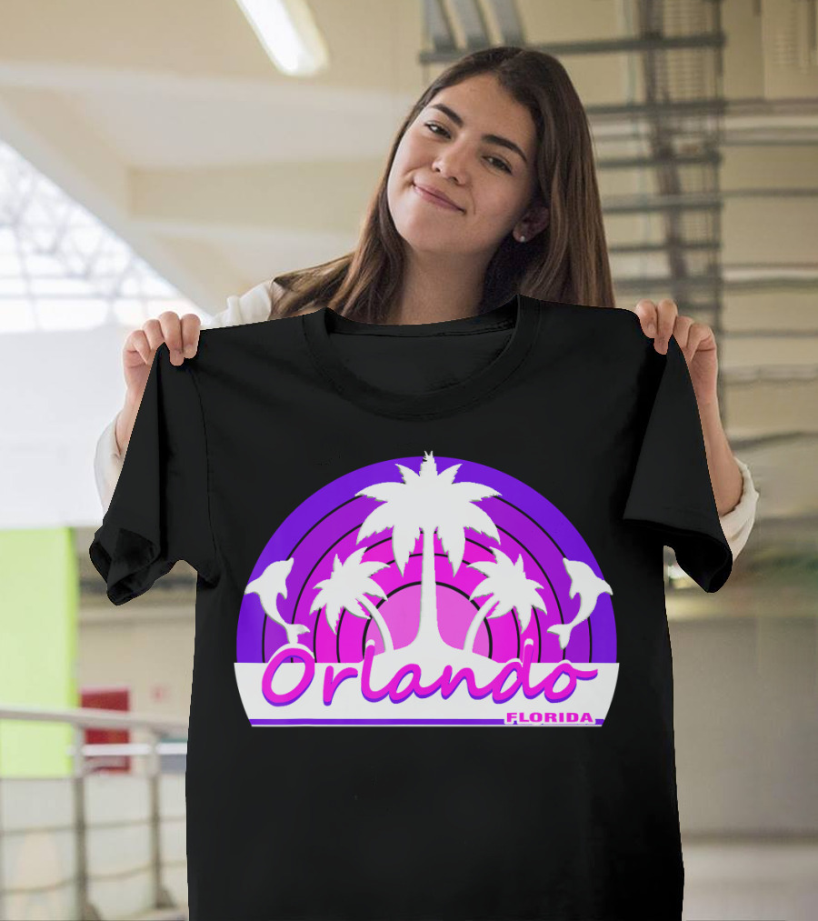 Orlando Florida Beach Palm Trees Dolphins Sunset T-Shirt