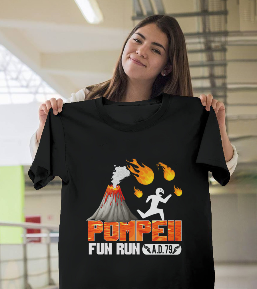 Pompeii Fun Run A.D. 79 Volcano Eruption Cartoon Flames and Running Figure T-Shirt