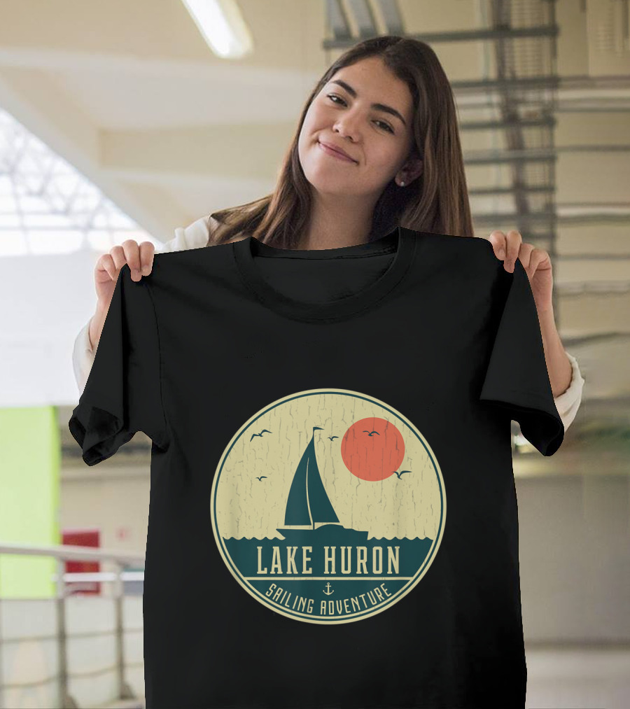 Lake Huron Sailing Adventure Vintage Style with Sunset and Birds T-Shirt