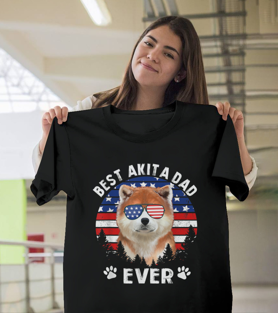 Best Akita Dad Ever with US Flag Sunglasses and Patriotic Background T-Shirt