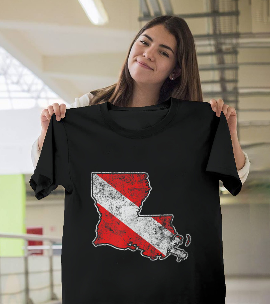 Vintage Louisiana State Shape with Scuba Dive Flag T-Shirt