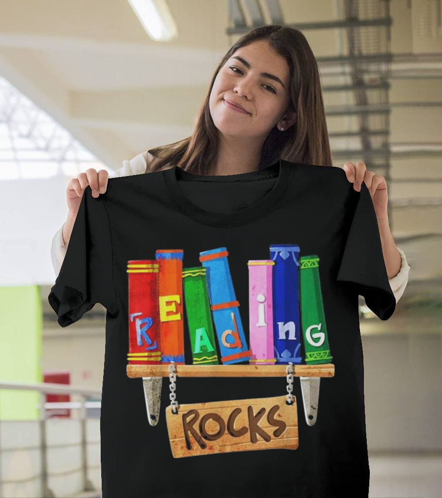 Colorful Bookshelf Typography Art with 'Reading Rocks' Message T-Shirt