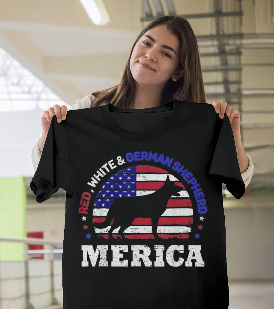Red White and German Shepherd Merica 4th of July American USA T-Shirt