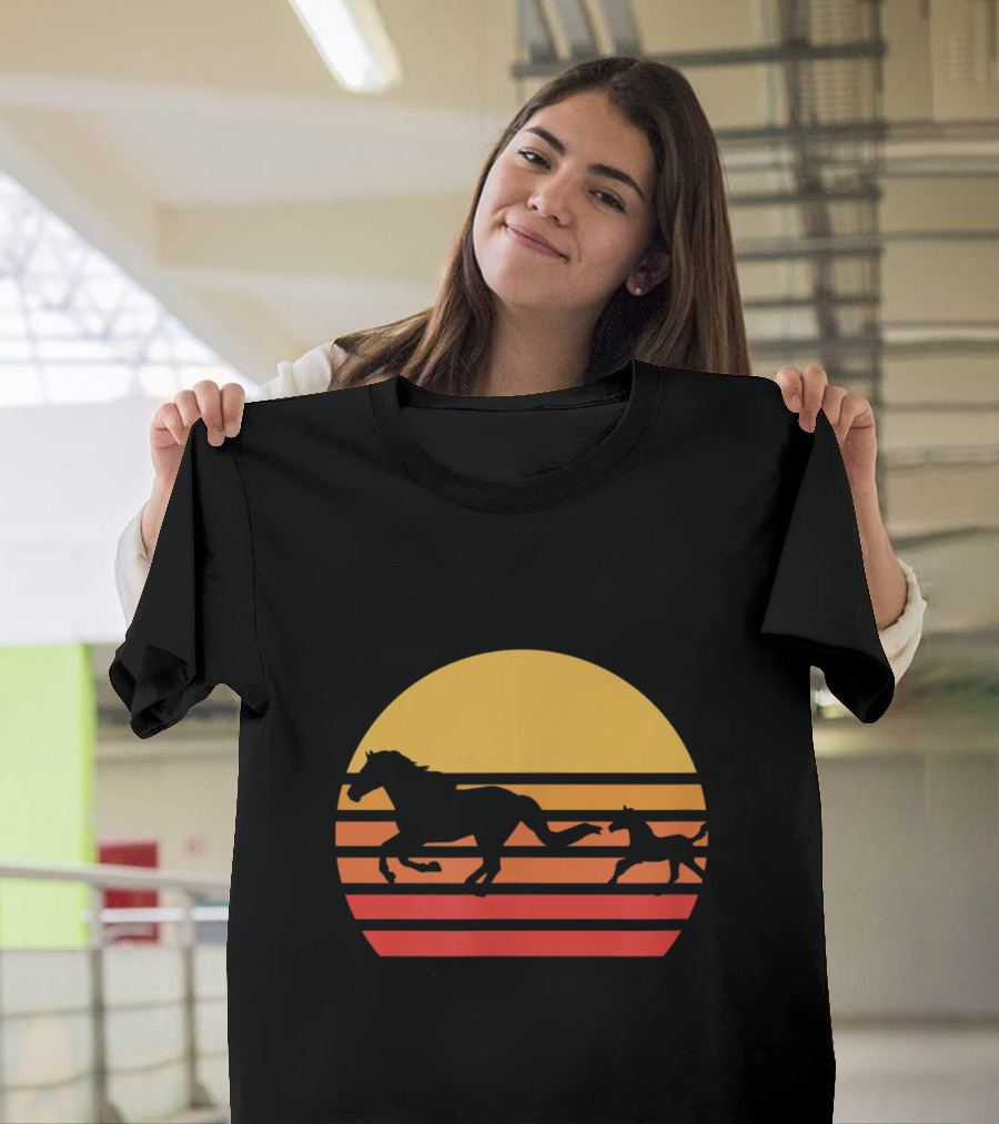 Running Horses in a Sunset Silhouette on Black Background Horse Love T-Shirt