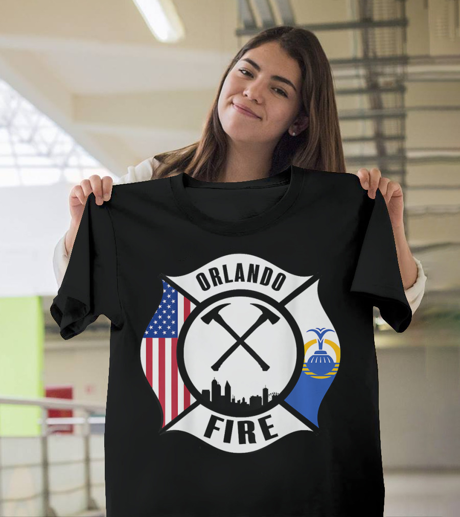 Orlando Florida Fire Rescue Department American Flag City Skyline T-Shirt